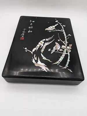 Vintage Asian Lacquer Box Abalone Birds Inlay Stationary • $25