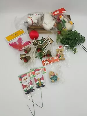 Big Lot Of Vintage Christmas Floral Picks Santa Flocked Duck Greenery Bells • $24.99