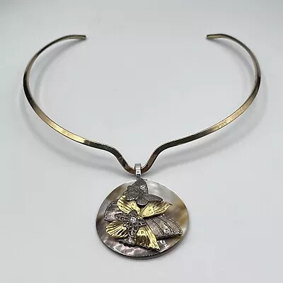 Mother Of Pearl Shell MOP Butterfly Pendant On Choker Bar Silver & Gold Tone  • $14.99