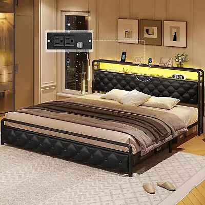 King Size Bed Frame With Built-in LED Light Headboard Upholstered Platform Bed • $189.97