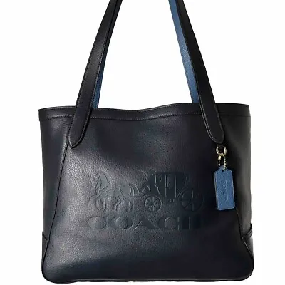 COACH Embossed Leather Horse & Carriage Tote/Shoulder Bag - NAVY/SKY BLUE • $100