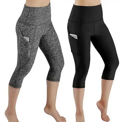 3/4 Womens High Waist Yoga Pants Pocket Gym Leggings Capri Fitness Sport Running • £8.87