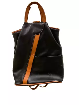 Vera Pelle Genuine Italian Leather Black Cognac Trim  Backpack Shoulder Bag • $49.99