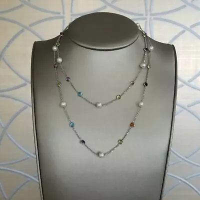 14K White Gold Multi-Gemstone And Pearl Station Necklace 36  Estate • $499