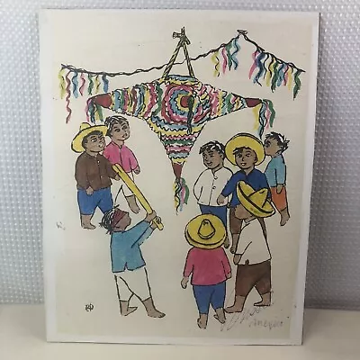 Vintage Mexican Children Playing Piñata Original Signed Painting Art Artwork  • $60