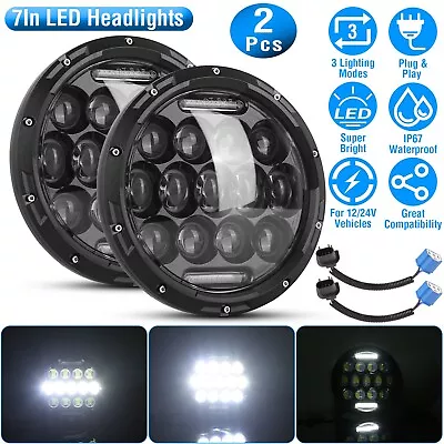 Pair 7 Inch LED Headlights Round For Jep Wrangler DRL Headlights Halo Angel Eyes • $41.55