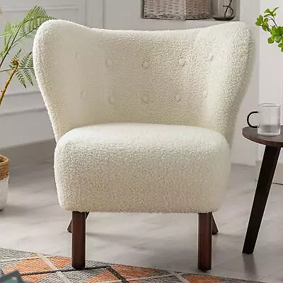 Modern Accent Chair Lambskin Sherpa Wingback Tufted Side Chair Cream • $188.99