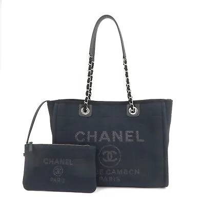 Authentic CHANEL Deauville Canvas Leather Chain Tote Bag Black A67001 Used F/S • $7795