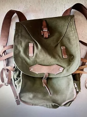 Vintage Romanian Army Canvas Backpack With Leather Shoulder Straps Unused Mint. • $69