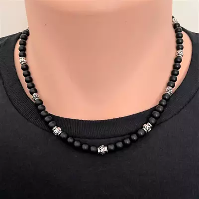 Matte Black Onyx Mens Necklace With Silver Lantern Beads • $29