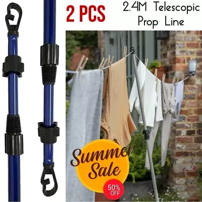 X2 Telescopic Line Prop Washing Clothes Heavy Duty Support Extendable Pole 2.4m • £11.49