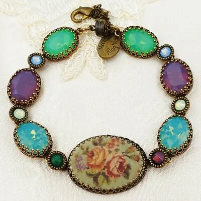 Michal Negrin Bracelet Oval Gems Crystal Links Roses Cameo Retro Boho Victorian • $169.15