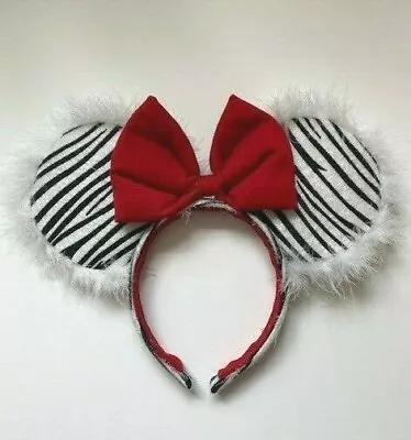 Minnie Mouse Ears Zebra Sustainable Handmade Headband Holiday Black/White/Red • $25