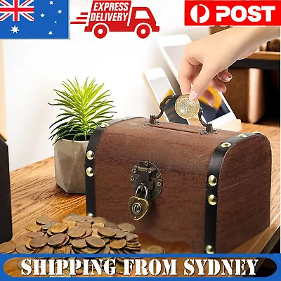 Wooden Treasure Chest Retro Money Storage Box Case Coin Piggy Bank Organizer Box • $13.85