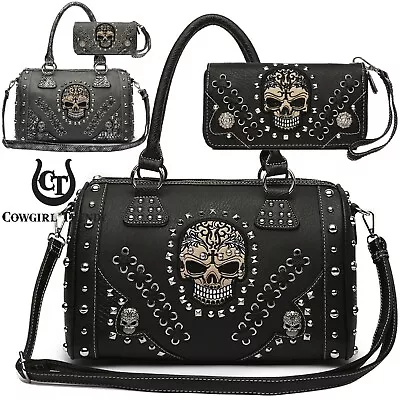 $62.95 • Buy Sugar Skull Day Of The Dead Punk Art Purse Women Handbag Shoulder Bag Wallet Set