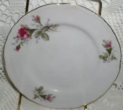 Ucagco Fine China Bread Cake Plate Pink Roses Moss Rose Green Leaves Gold Trim • $7