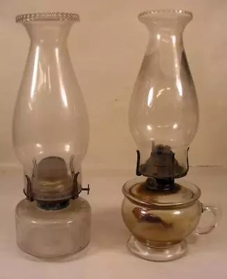 2 Antique Glass Oil Lamps With Chimneys 1 Burner Marked Queen Anne • $19.95