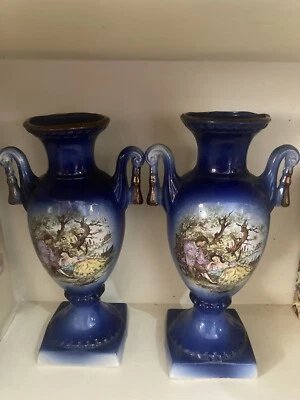 £2.50 • Buy Pair Of Blue Oriental Themed Staffordshire Vases 12” Tall