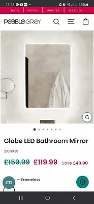 Globe Luxury LED Bathroom Mirror With Demister Pad By Pebble Grey. RRP £139.99 • £75