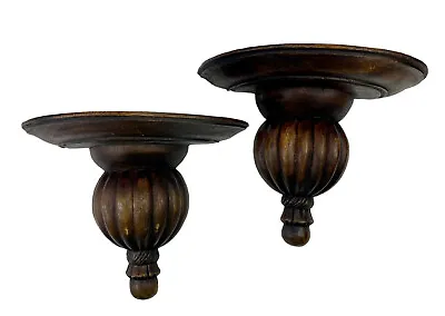 Pair Of Brown Carved Wood Wall Shelf Shelves Sconces Decor • $150.50