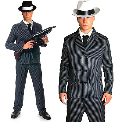 Men's Gangster Costume Adult Pinstripe Suit 1920's Fancy Dress Mafia Mobster Hat • £18.99