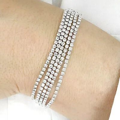 Ladies Silver CZ Crystal Zirconia Tennis Bracelet Bangle Bridal Birthday Gift UK • £5.85