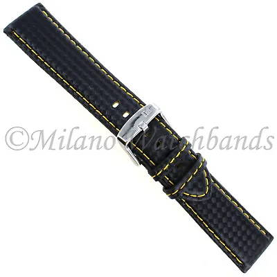 22mm Morellato Leather Carbon Fiber Grain Black W/ Yellow Stitching Watch Band • $26.95