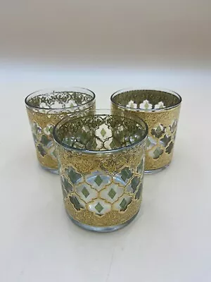 Set Of 3 Vtg Culver Rocks Lowball Glasses Valencia MCM Gold & Green Morrocan • $65