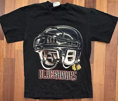 VTG 90s Lee Sports Nutmeg Mills NHL Chicago Blackhawks Helmet Black Shirt MEDIUM • $31.99