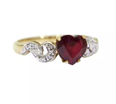 9ct Gold Ruby Diamond Heart Ring Size 6 3/4 - N • £195