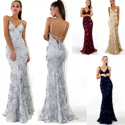 Women V-neck Maxi Dress Elegant Sequin Long Dress Prom Gowns Formal Party Dress • £30.99