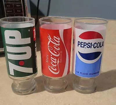 3 Vintage Footed Soda Pop Drinking Glasses Coke Pepsi 7UP • $20