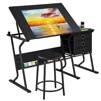 £59.99 • Buy Drawing Art Desk Craft Table For Artists Tilting Tabletop With 3 Sliding Drawers