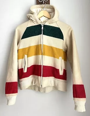 VTG EDDIE BAUER HUDSON'S BAY STYLE  BLANKET STRIPED WOOL HOODED JACKET COAT 70s • $199.95