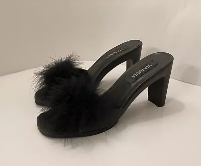 Via Ravia Women’s Black High Heel Shoes Marabou Feather Accent Size 9 • £24.08