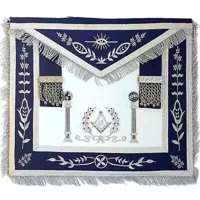 Master Mason Blue Lodge Apron - Navy Blue With Pillars Silver Hand Embroidery • $99.99