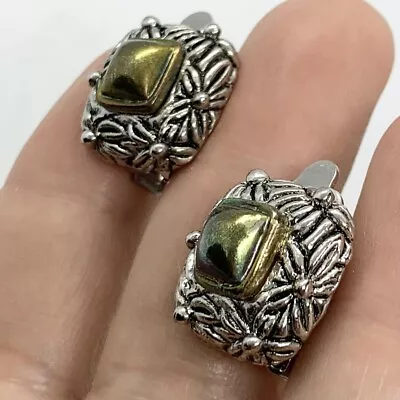 Vtg Silver Daisy Square Gold Chunky Boho Earrings Stud Clip-on  • $7.96