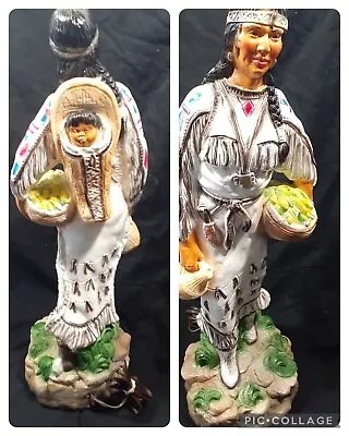 Vintage Native American Woman Baby Papoose Chalkware Lamp Basket Of Maize Jug • £145.92