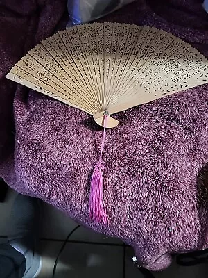 Vtg Chinese  Sandalwood  Folding 30 Blade Hand Fan Pink Tassell With Box B11 • $15