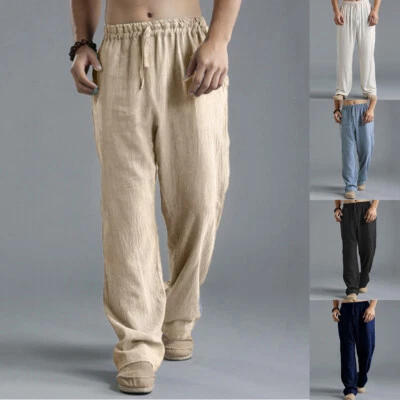 $19.29 • Buy Mens Plain Cotton Linen Baggy Long Pants Casual Loose Beach Harem Trousers US