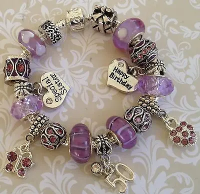 LILAC Sparkly HAPPY BIRTHDAY Personalised Charm Bead Bracelet & GIFT BOX • £10.95