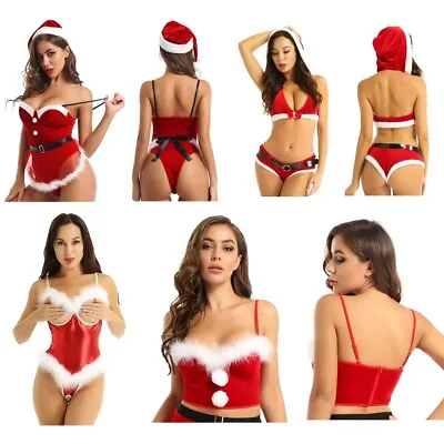 Women Sexy Christmas Mrs. Claus Costume Lingerie Bustier Corset Top Bodysuit Hat • $16.37