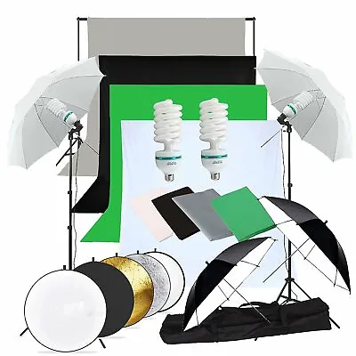 Photo Studio Continuou Lighting Kit Umbrella Backdrop Background Light Stand Set • £126.99