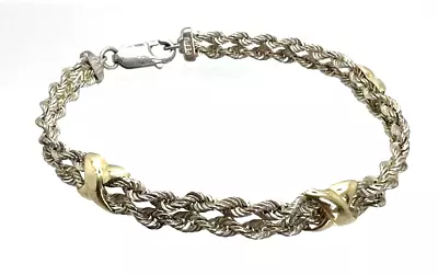 CPT  Sterling Silver & 14k Yellow Gold X's Over Rope Bracelet 7 Inch • £43.78