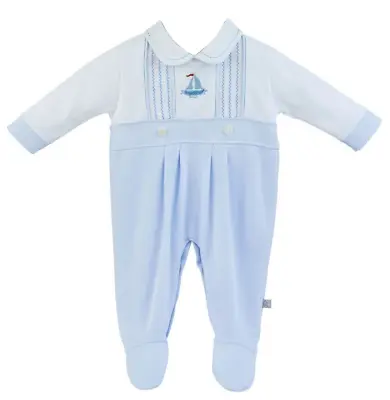 Baby Boys Smocked Rompers Spanish Blue Cotton Sleepsuit Boat Design Newborn Boy • £21.95