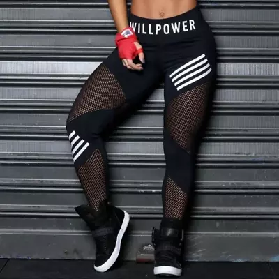 Women Mesh Patchwork Sport Leggings High Waist Letter Pants Black Sports Wear Fo • $31.94