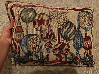 Vintage Christmas Throw Pillow Needlepoint Gold Thread ORNAMENTS 11.5x15.5” • $8