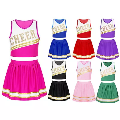 UK Kids Girls Cheerleading Fancy Dress Uniform Cheer Outfit Cheer Leader Costume • £8.27