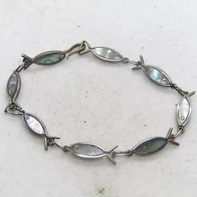 Mexico Sterling Silver 925 Abalone Shell Fish Linked Bracelet 7.5  K4920 • $27.95