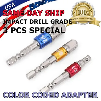 Socket Adapter Set Hex Shank To 1/4  3/8  1/2  Impact Driver Drill 3 Pcs Color • $5.95